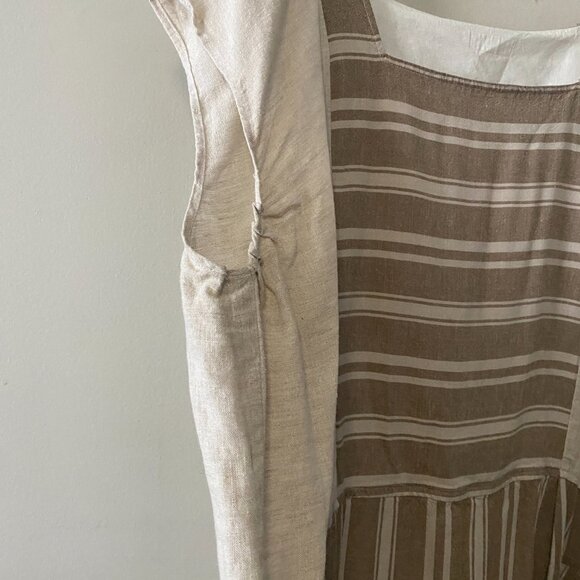 Handmade Plus Size Cotton Linen Patch Pockets Neutrals Brown Stripes Dress - Picture 7 of 15
